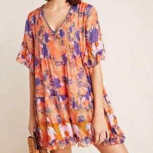 Duet Floral Silk Tiered Mini Dress Hippie Boho Indian Flowy Feminine Tunic sz S